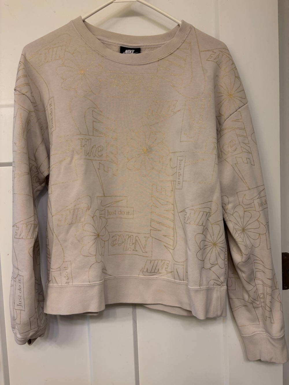Nike Women's Cream Crewneck Sweatshirt with Gold Logo & Floral Accents